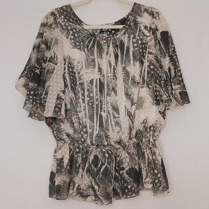 Women's CATO Faded Black/Green‎ & White Sheer w/ lining Blouse Size Medium